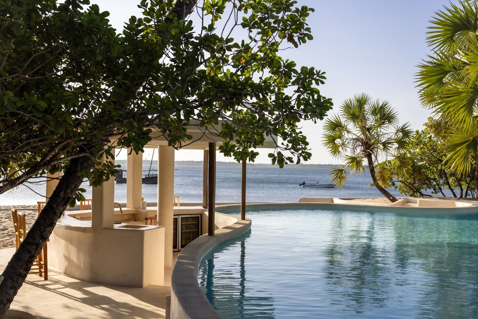 The saltwater pool, palms beyond